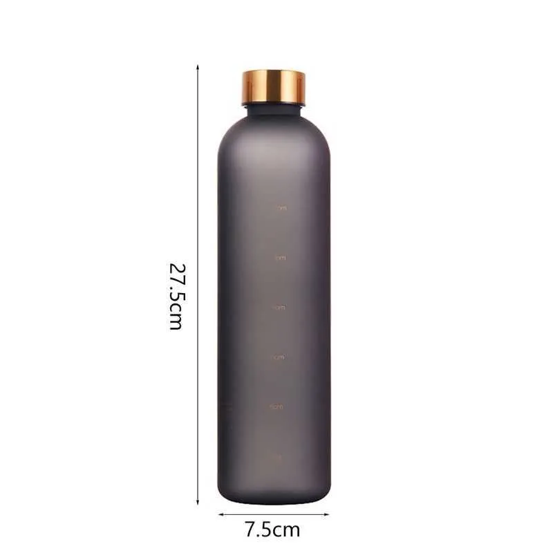 Novo copo de plástico 1000ml, copo de água fosco transparente de grande capacidade, tampa de cobre, garrafa de água esportiva com marcador de tempo para estudantes