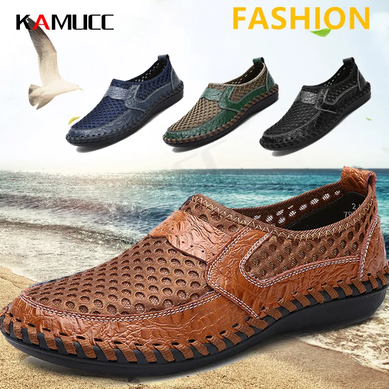 Sandales Été hommes chaussures décontractées respirant chaussures en cuir hommes mocassins chaussures plates souples sandales à la main hommes chaussures de conduite grande taille 38-50 230509