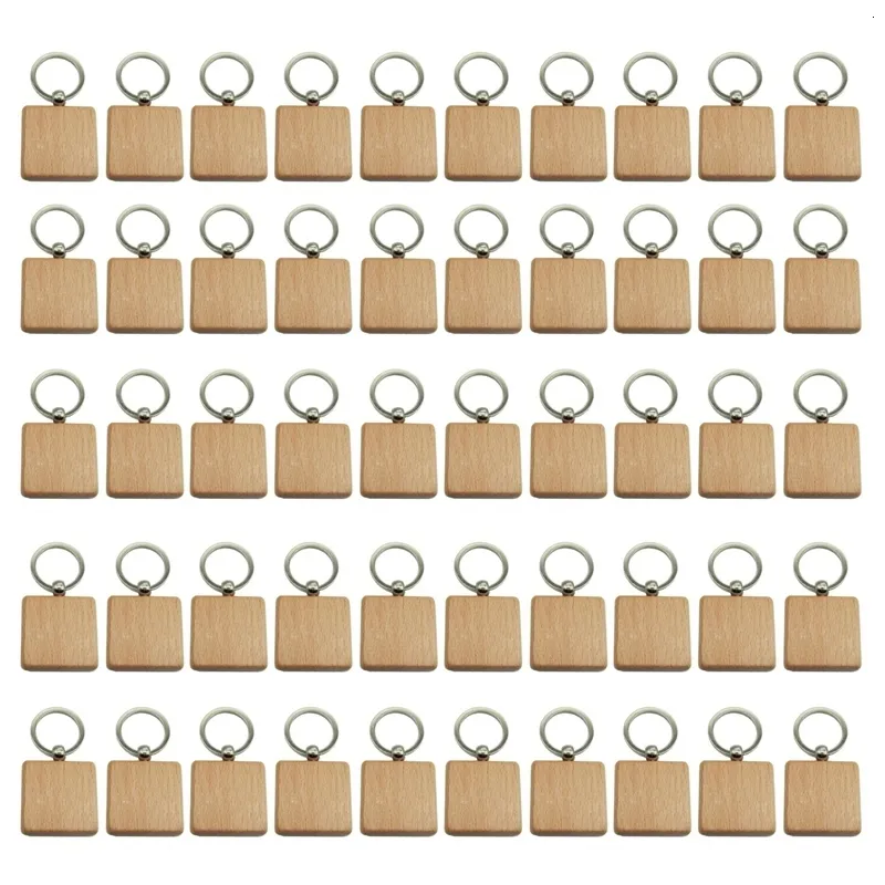 Keychains Lanyards 50Pcs DIY Blank Wooden chain Square Carved Ring 40 x 40 mm 230508