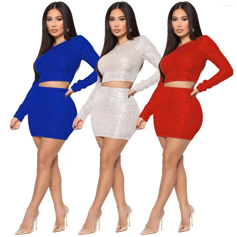 Work Dresses Women's Sexy Suit 2023 Autumn And Winter Fashion Solid Color Long-sleeved Round Neck Sequins Slim Half-body Dress Two-piece