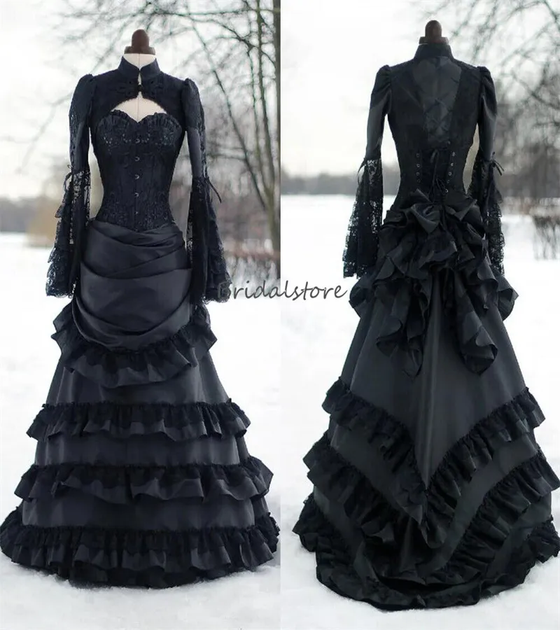 Black Gothic Wedding Dress 2024 Celtic Medieval Long Sleeve Queen Country Gown Ruffle Lace Corset Bridal