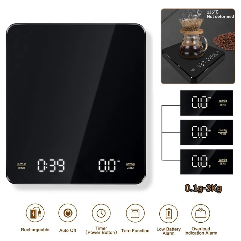 Wagi domowe Kawa Elektroniczna Nalewanie Espresso 3kg 0 1g LED Automatyczny czasomierz Inteligentna waga kuchenna Wbudowana bateria USB Ładowanie 230508