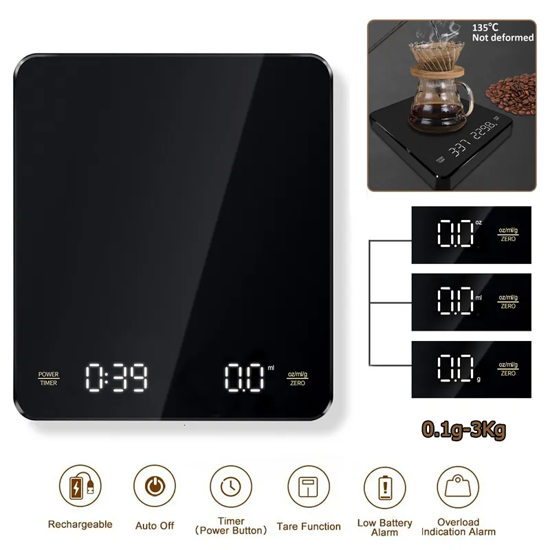 Balances Ménagères Café Électronique Verser Sur Espresso 3kg 0 1g LED Minuterie Automatique Balance De Cuisine Intelligente Batterie Intégrée Chargement USB 230508