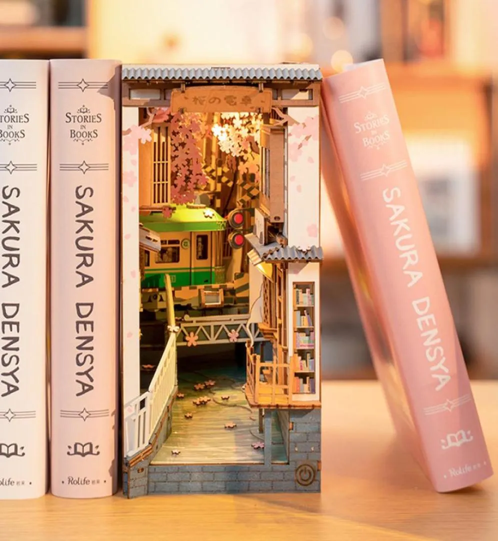 DIY Alley Book Nook Sakura Train Bookcase Wooden Bookend Bookshelf