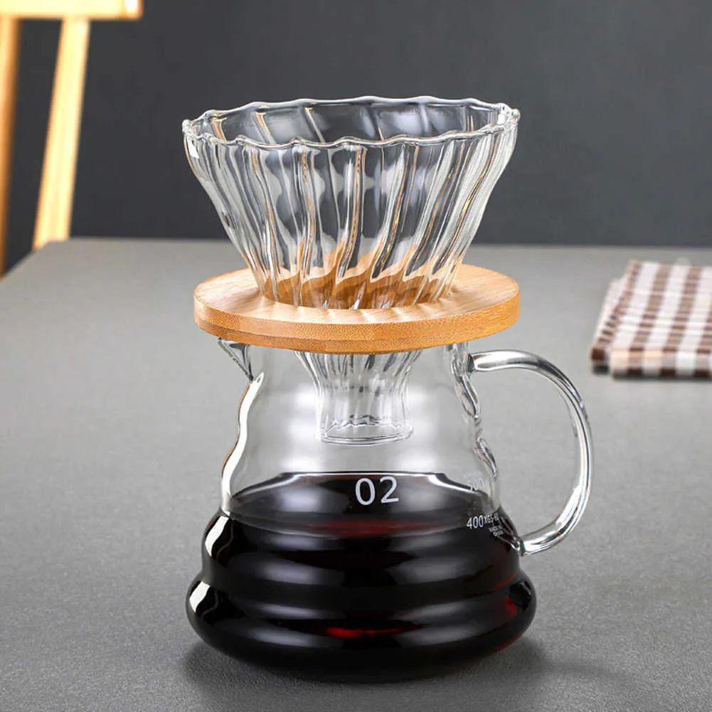 コーヒーフィルターガラスコーヒードリッパー浸漬ホッパーは、木製ベースのスローブリューイングアクセサリーを備えたコーヒーマシンの上に注ぎますP230509が含まれていません