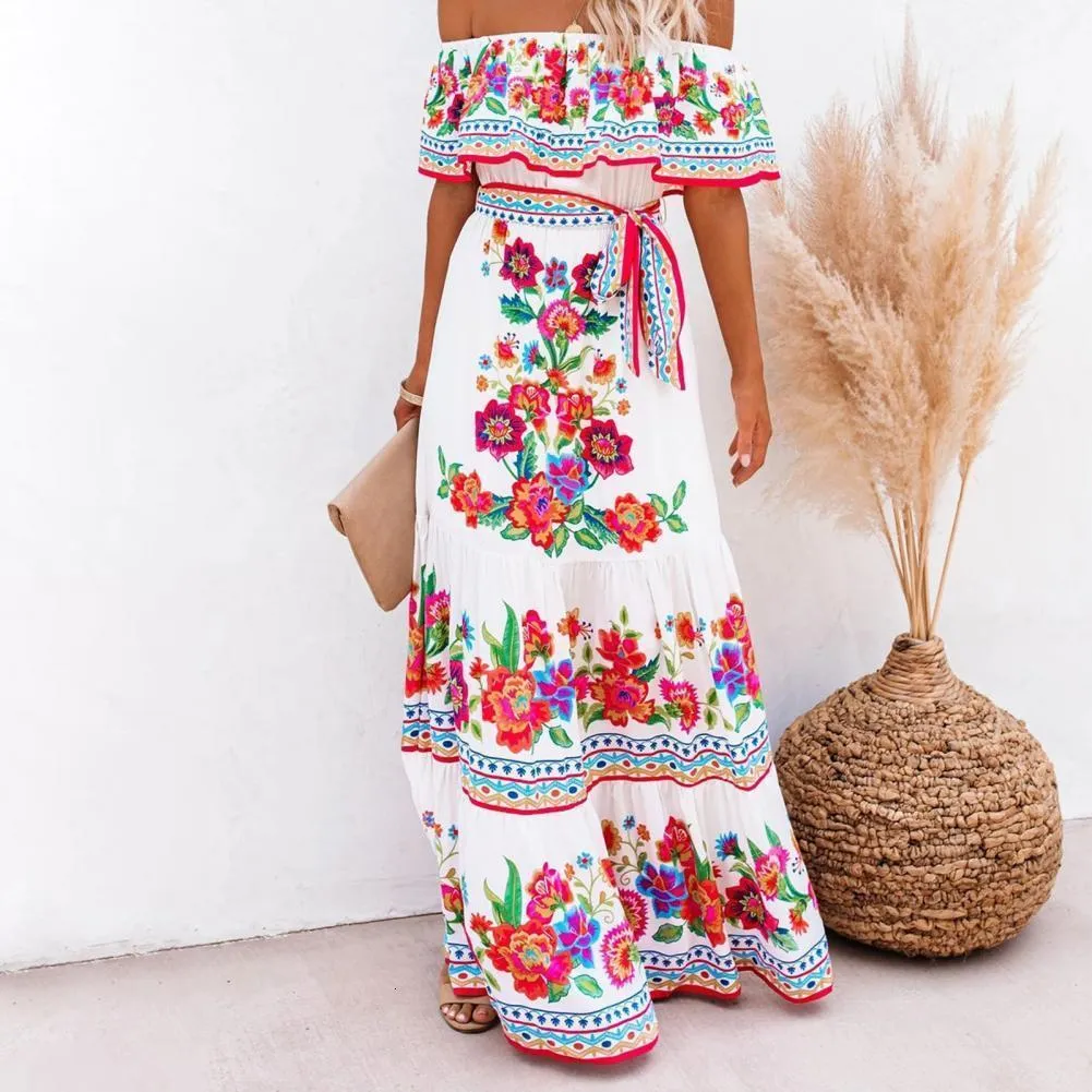 Casual Kleider Sommer Print Vintage Lang Für Frauen Sexy OffShoulder Rüschen Mode Boho Party Maxi Damen Strand Sommerkleid 230509