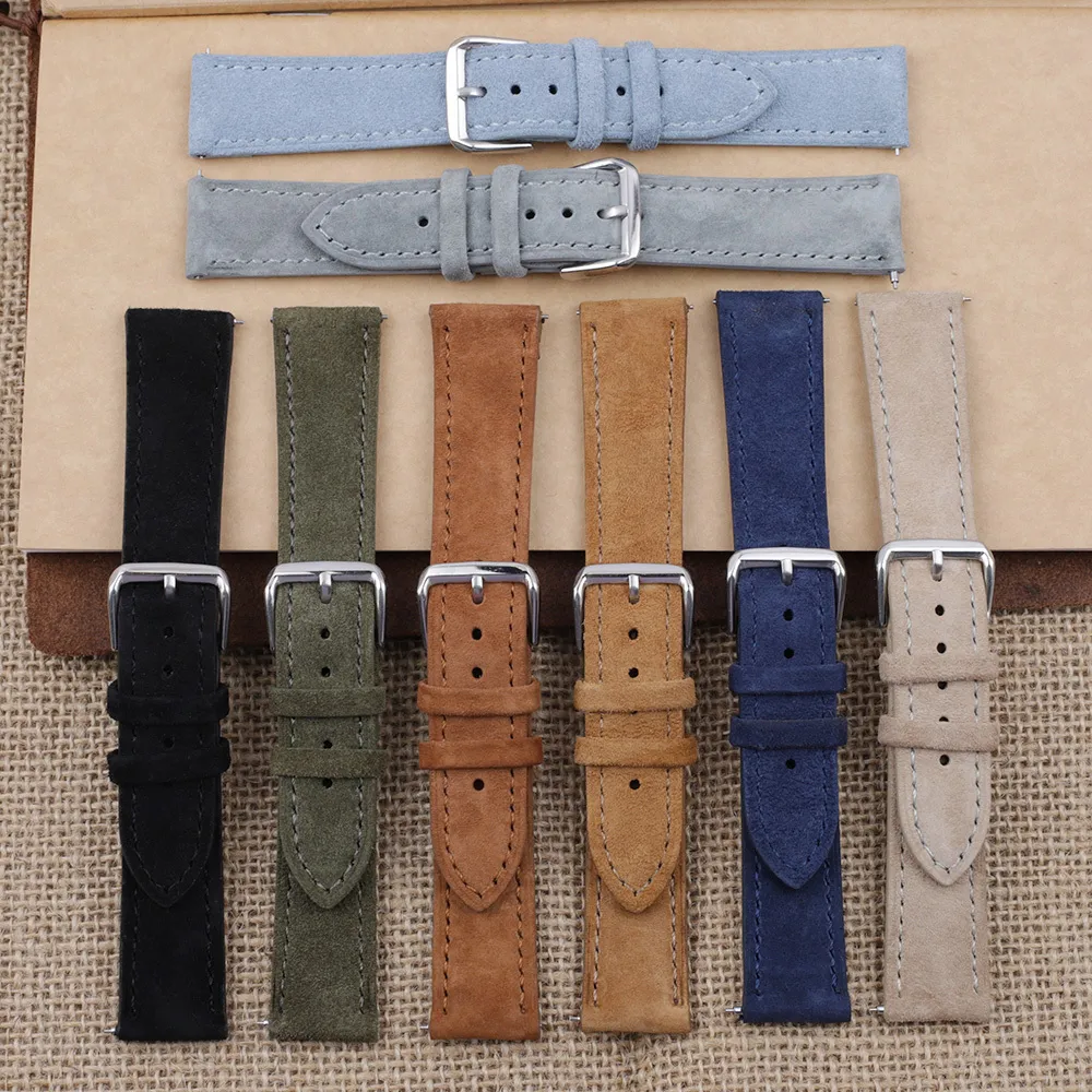 Titta på band Soft Suede Leather Watch Band 18mm 19mm 20mm 22mm 24mm Blue Brown Watch Stems Rostfritt stål Buckle Watch Accessories 230509