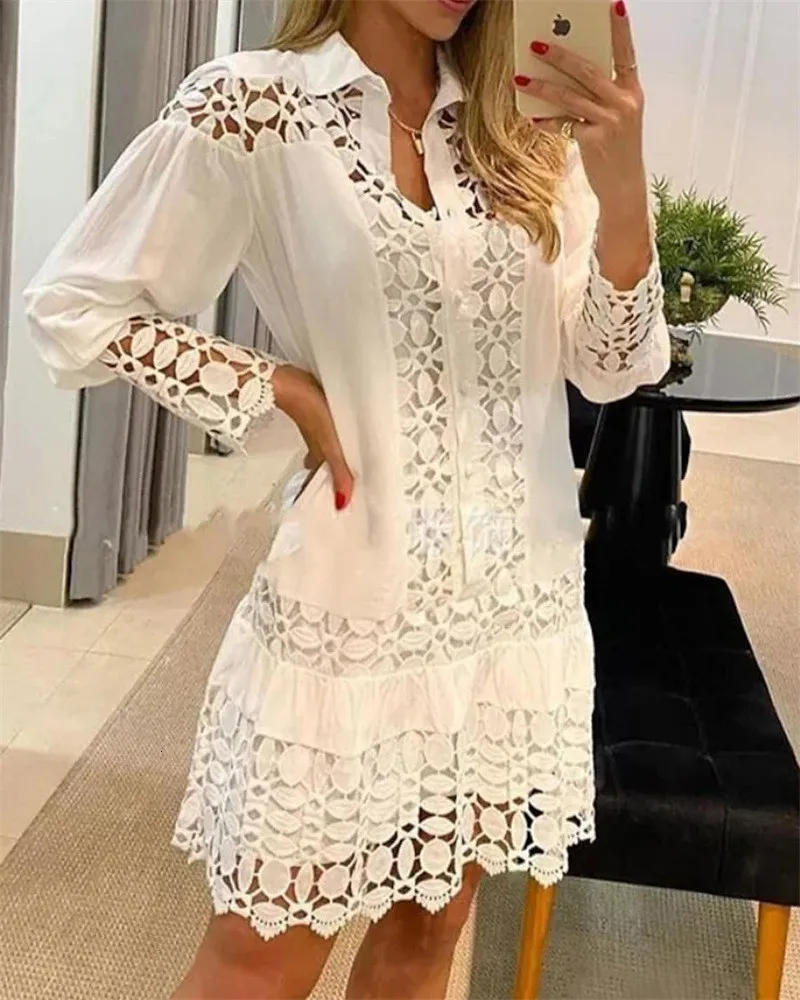 Casual Dresses Spring Shirt Dress Guipure Lace Patch with Cami Dresses Women White Wedding Hollow Out Loose Y2k Party Holiday Vestido 230509