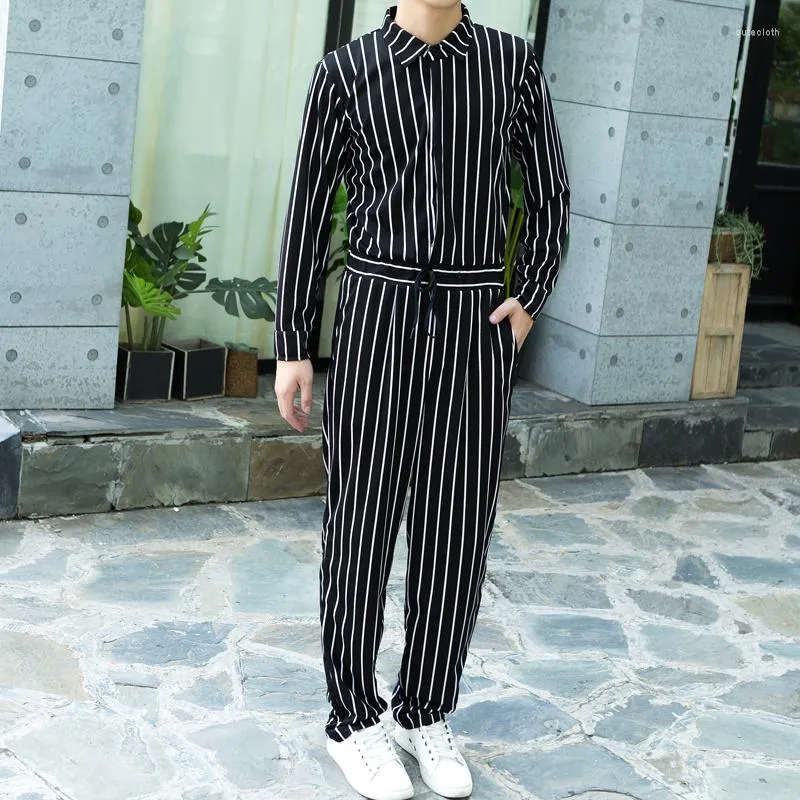 Men's Pants Spring Brand Men's Coverall Autumn Korean Men Vertical Stripes Jacket Jumpsuit High Quality Plus Size Elastic Wais Trousers