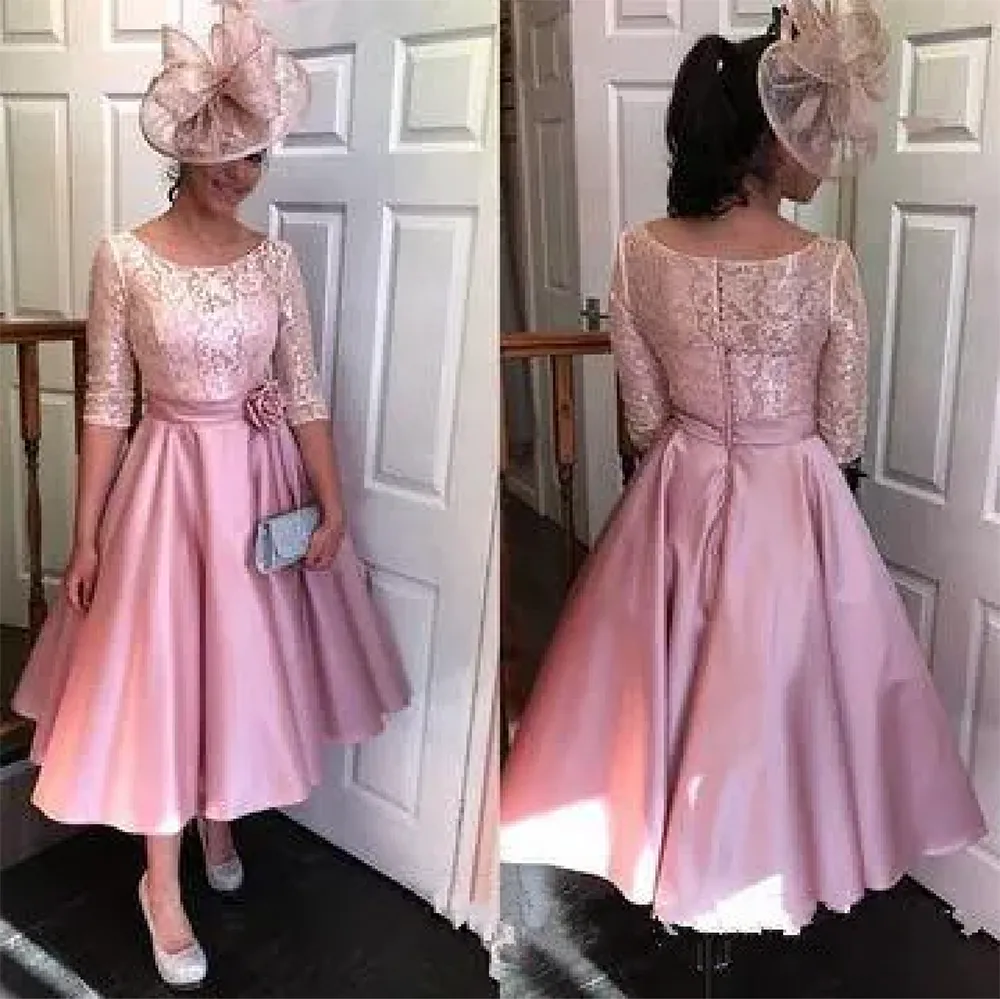 Setwell Chic Thé Longueur Court A-ligne Mère De La Mariée Robes avec Demi Manches Dentelle Robes De Soirée Formelle Robe De Mariage D'invité