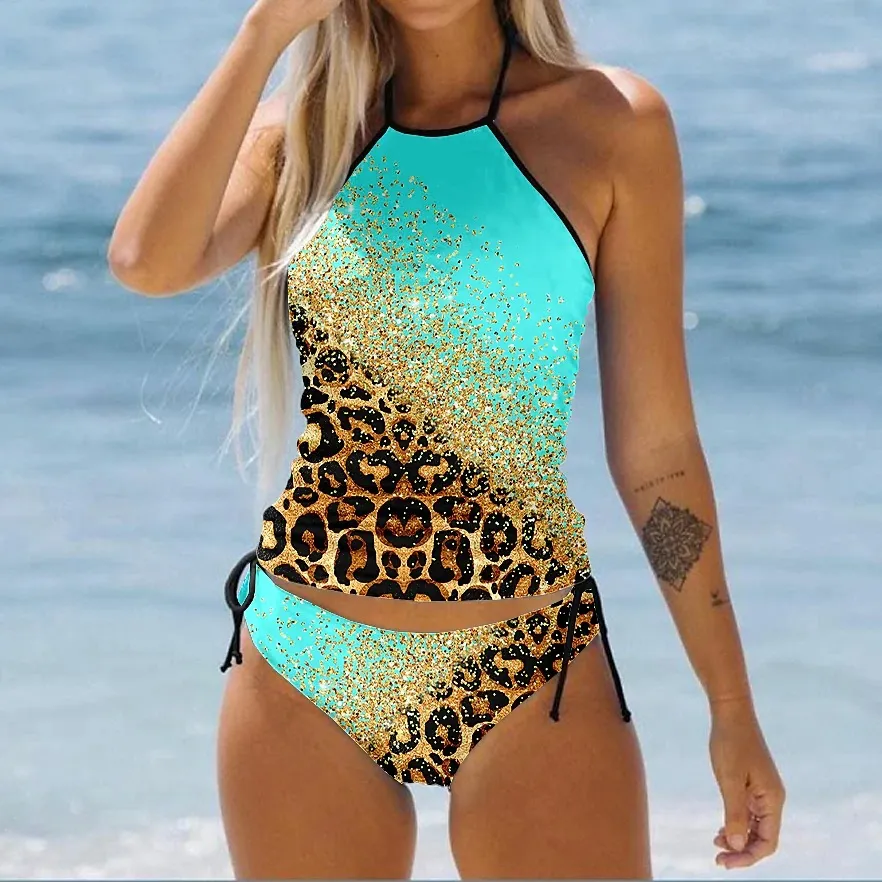 Costumi da bagno da donna 2023 Costume da bagno con stampa leopardata Set bikini sexy a triangolo con scollo all'americana Colore patchwork a due pezzi per le donne Abbigliamento da spiaggia estivo