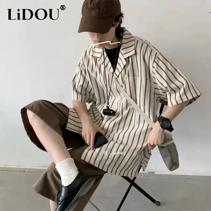 Men's Casual Shirts Spring Summer Fashion Handsome Trend Blouse Man Simple All Match Chic Male Shirt Square Collar Stripe Loose Tops Men 230508