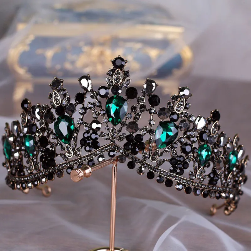 Bröllopshårsmycken Kmvexo European Green Crystal Tiaras Vintage Black Pageant Crown Baroque Bridal Accessories Gift 230508