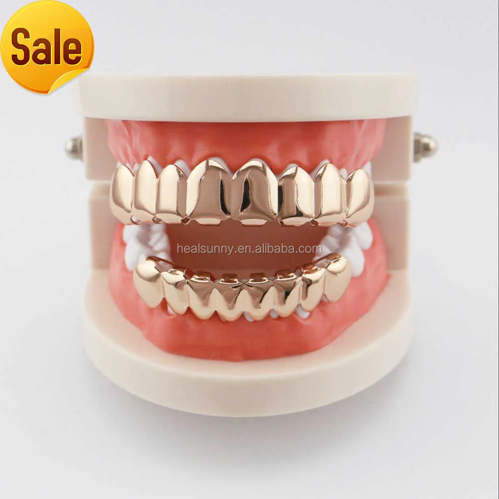 Gold Teeth Grillz Top Bottom Grills Dental Mouth Punk Teeth Caps Cosplay Party Tooth Body Jewelry Dental Grills Set