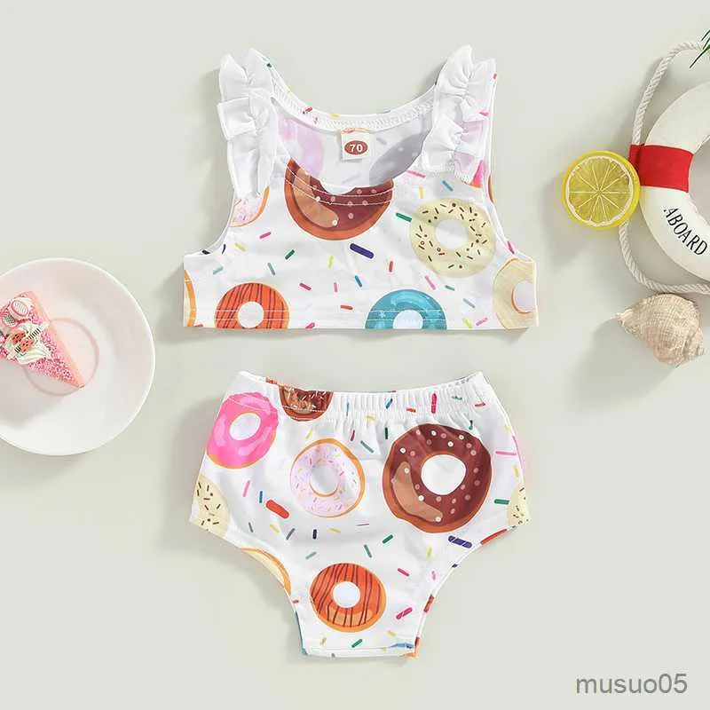 Tvådelar Söt småbarn Baby Girl Bikini Donut Print Swimsuit Ruffle Badkläder Summer Swimming Spring Beach Wear