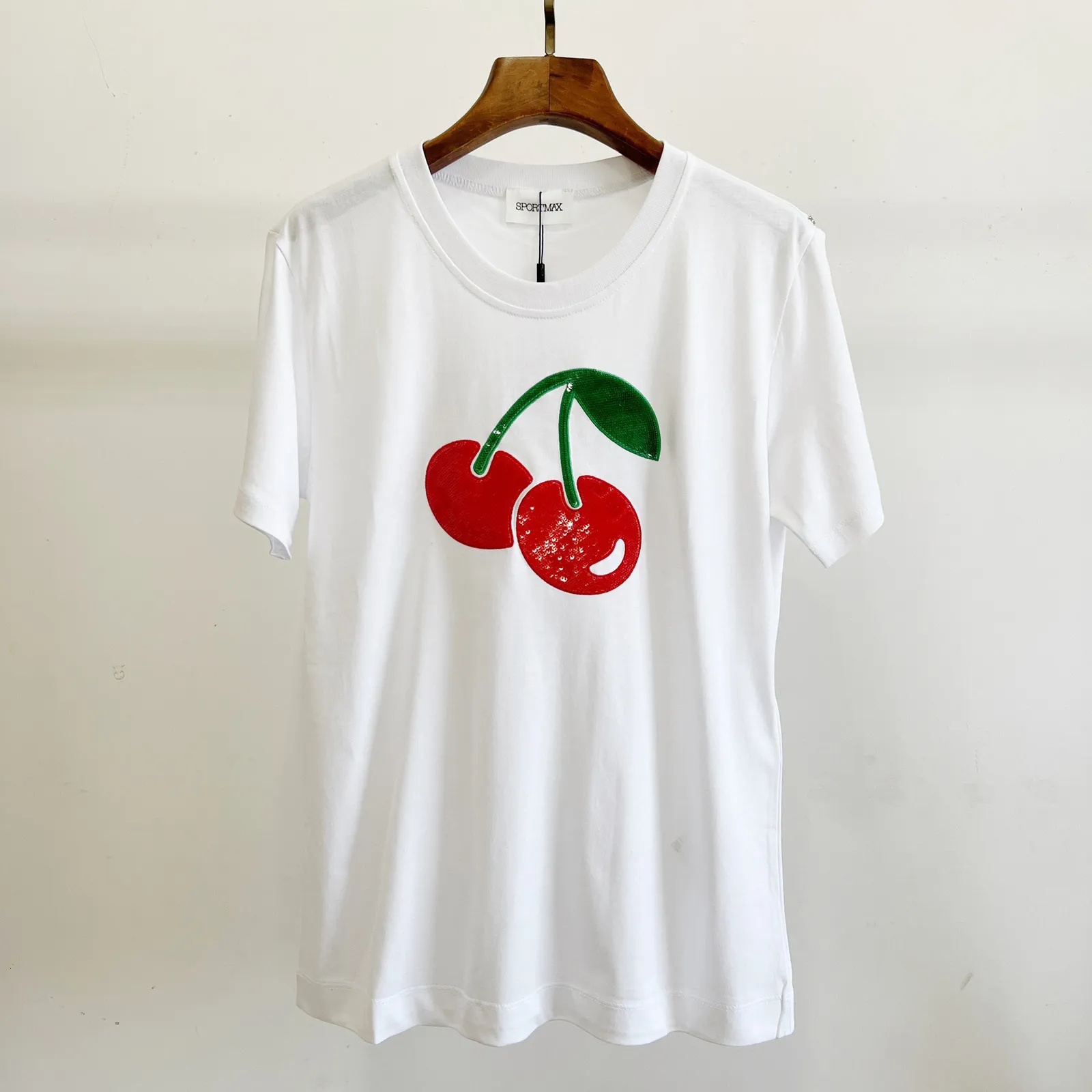 Dames t -shirt hoogwaardige mBoidered Cherry Bead Segment Splices korte mouw T -shirt 230508