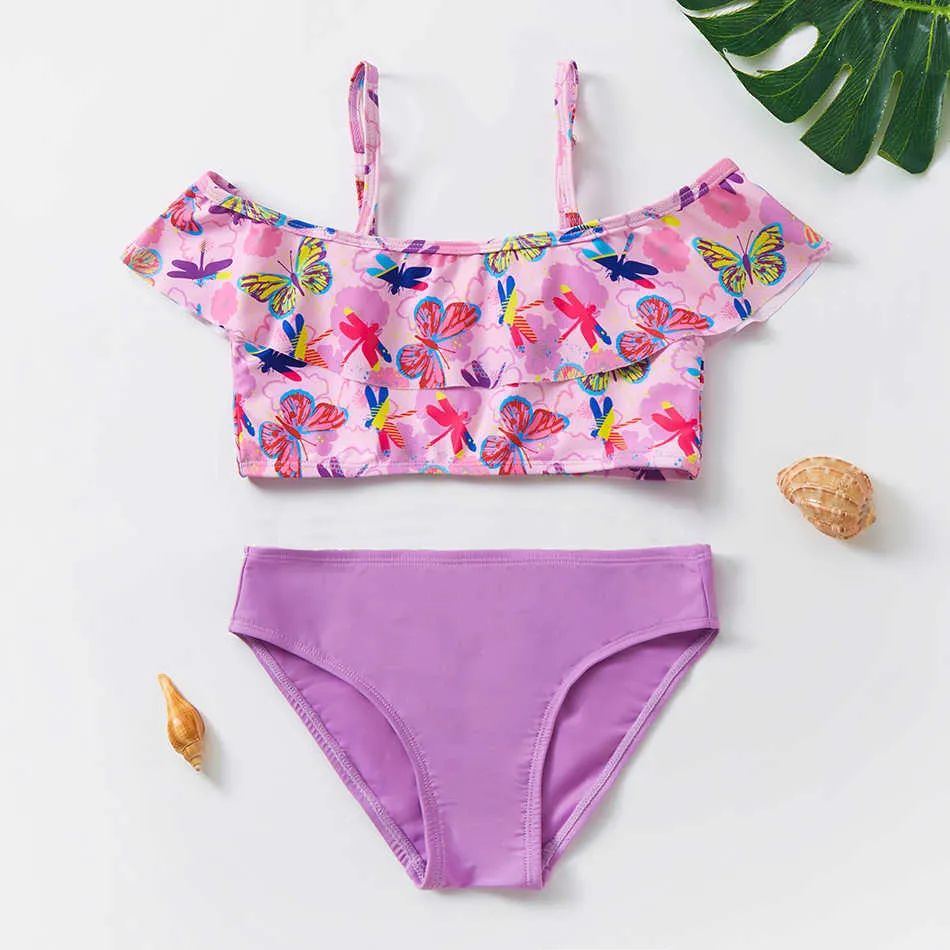 Butterfly dziewcząt Dwuczęściowe marszczenia 3-10-letniego fioletowego kostiumu kąpielowego dla dzieci P230602