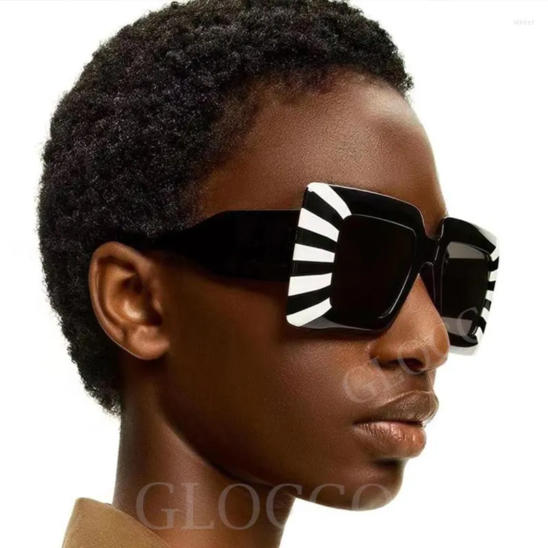 Oversized Square Sunglasses Trendy Black White Striped Shades for Women and Men