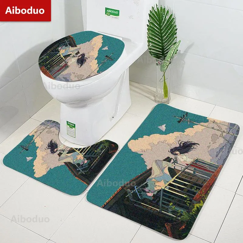 Coperture Aiboduo Antiscivolo 3 pz/set Coperchio del Wc Set di Copertura Anime Girl S M Assorbente Tappeto Bagno Tappetini Inverno Caldo Decorazione Della Casa tappetino da bagno