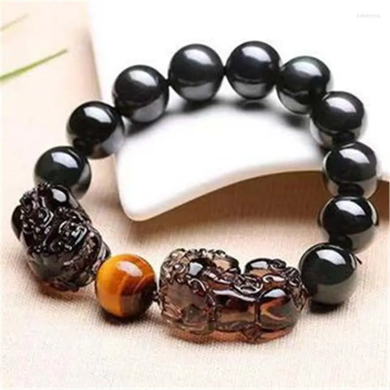 Link Bracelets Feng Shui Obsidian Stone Bead Carve Mantra Shuangpixiu Bracelet Amulet Unisex Wristband Wealth Good Luck Changing Ban