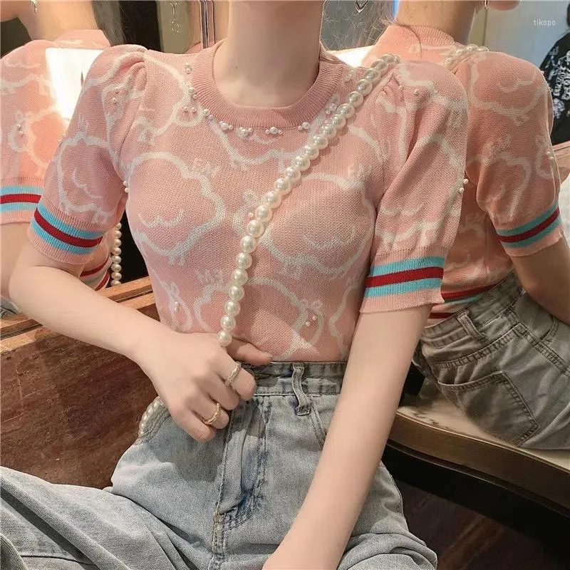 Kadın Tişörtleri Örgü Mahsul Top Estetik Kısa Kollu Gömlek Baskı Mavi Pembe İnce Moda Kadın Bluz 2023 Yaz