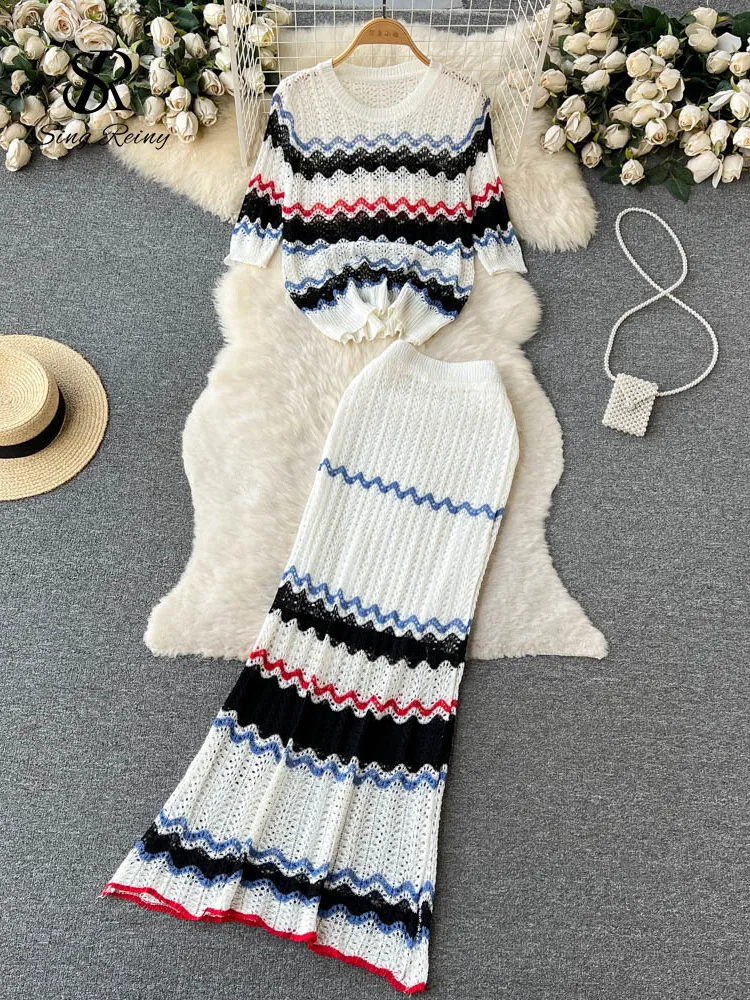 Abito da due pezzi Singreiny Summer Beach Knitted Abita in camicia sciolta set di gonne set di alta strada elastico a strisce casual 230509 230509