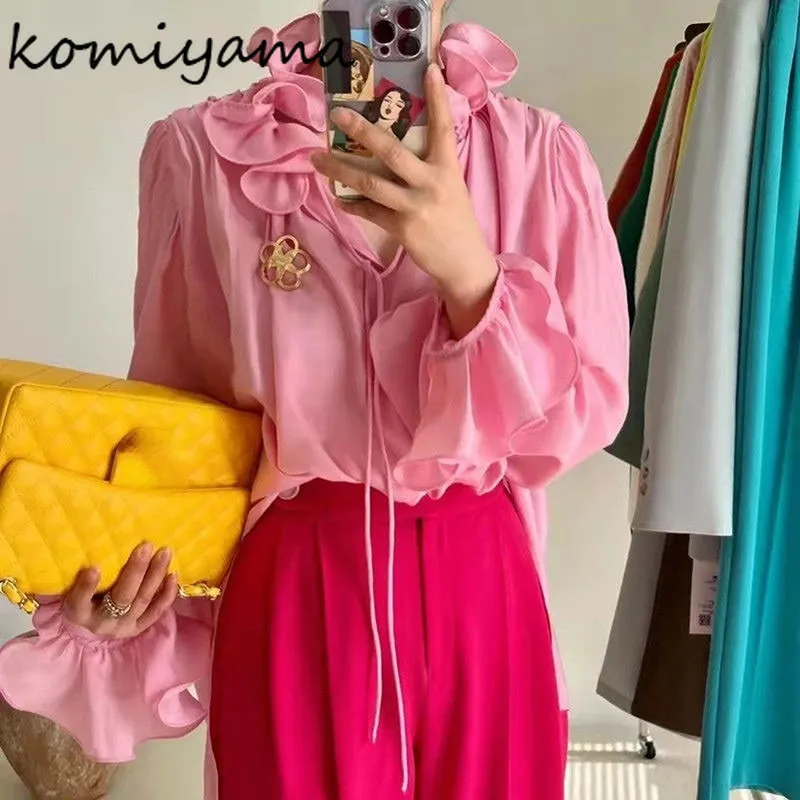 Femmes Blouses Chemises Komiyama Fairy Lace Up Sweet Chic Ruffles Blusas Mujer Flare Log Sleeve Shirt Tops Printemps Vêtements Femmes 230509