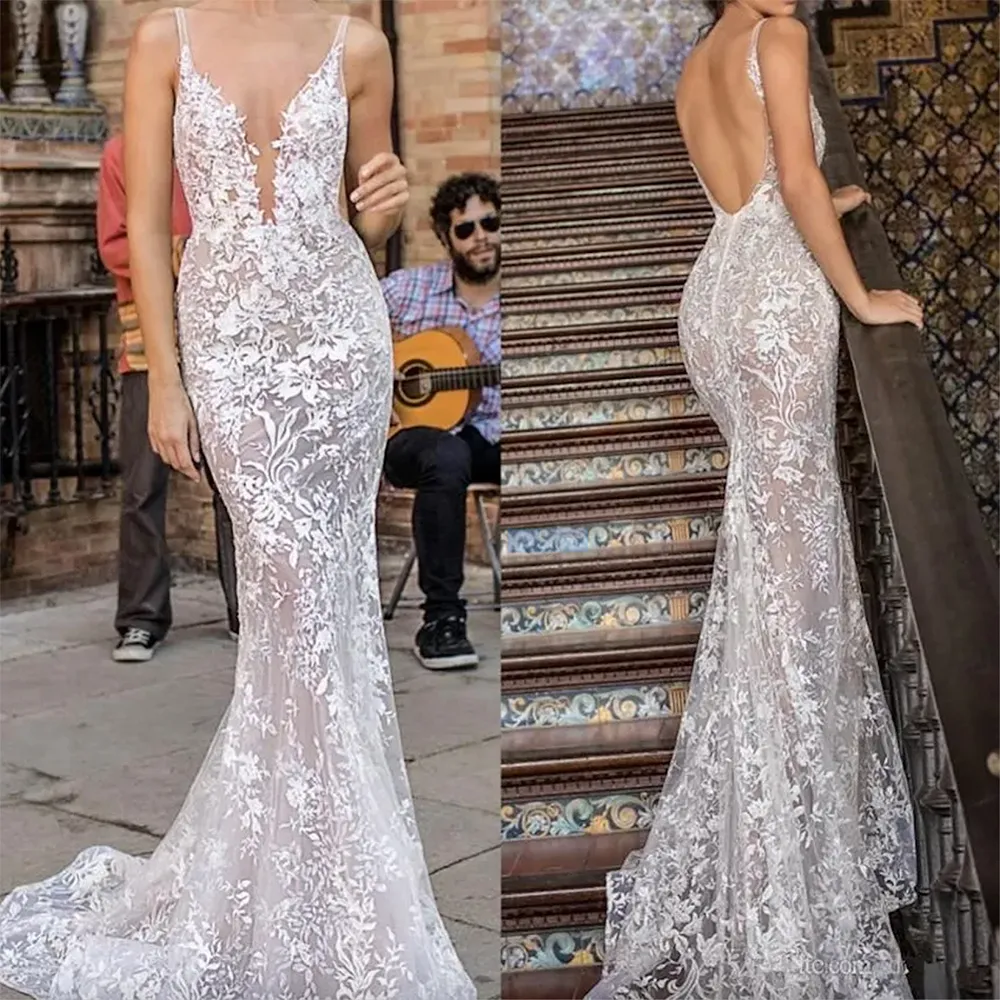 Abiti di sirena vintage Berta Abiti spaghetti abiti da sposa sexy senza schienale spazzare il treno illusione abito da sposa da sposa