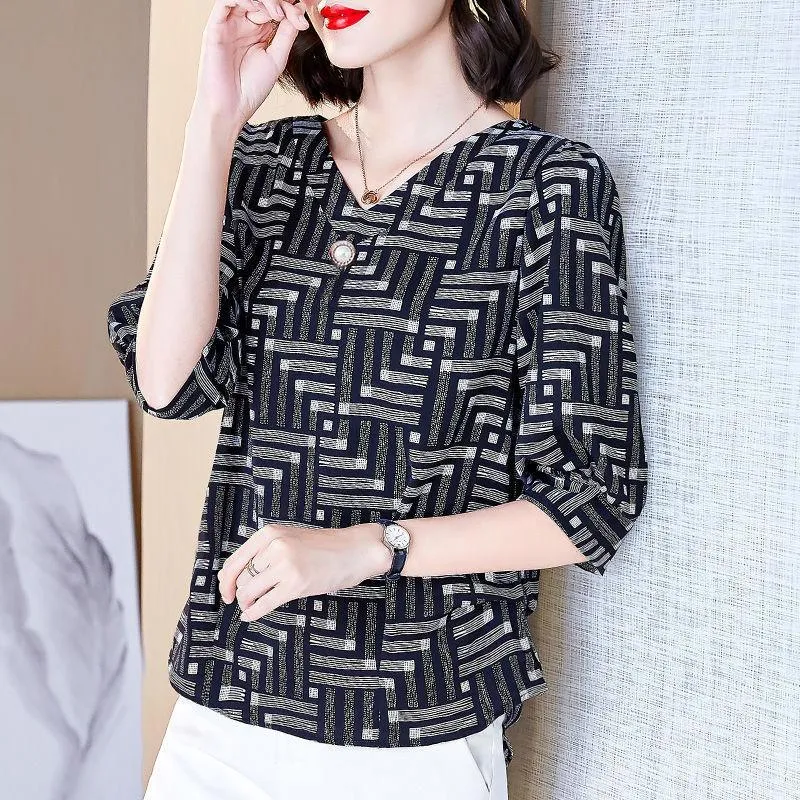 Dames blouses Koreaanse mode elegant chic kralen print v nek losse shirts lente zomer casual woon -werkverkeer top blouse dames blusas kleding