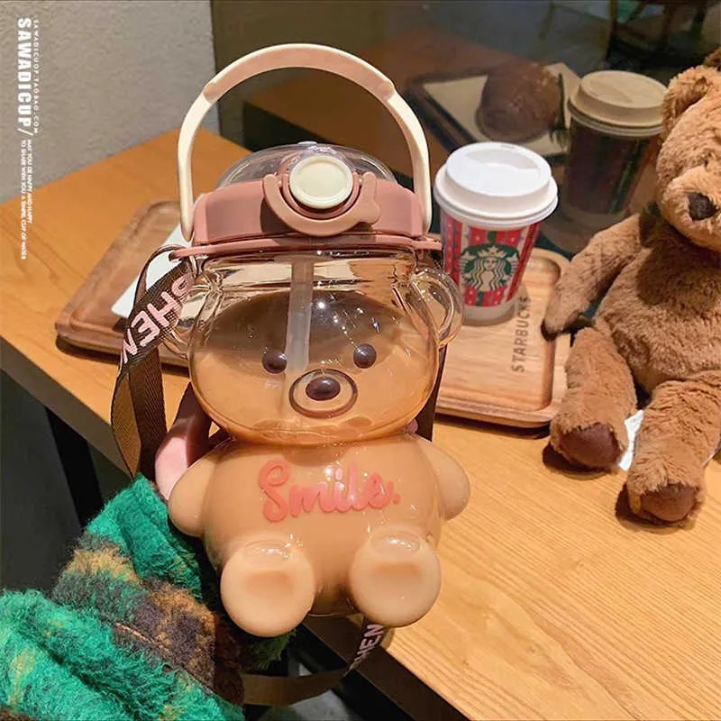 Kawaii Bear Straw Water Bottle - 1000ml, BPA Free, Leakproof, With Adjustable Shoulder Strap - View #9