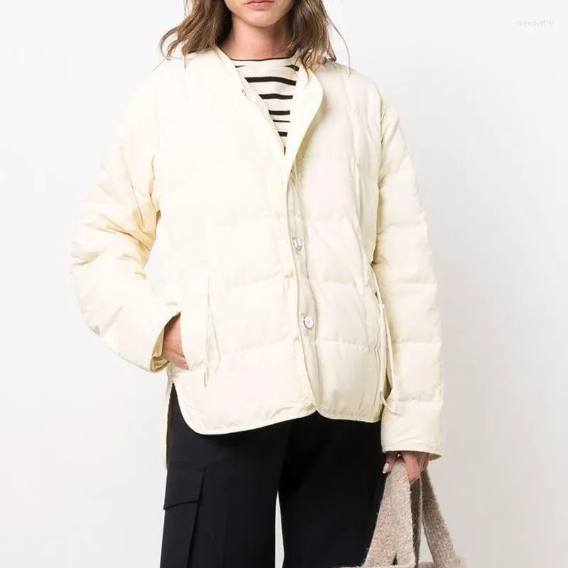 Women's Trench Coats Autumn And Winter 2023 Ladies O-Neck White Duck Down Jacket Drawstring Lace Up Loose Single Breasted Warm
