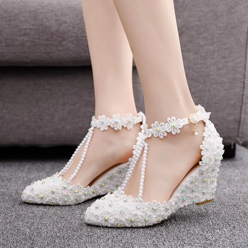 Zapatos de aumento de altura Flores de encaje de primavera Sandalias Vestido de banquete Novia Tobillo Correa Boda Punta estrecha Tacones altos de gran tamaño para mujeres H0062 230508