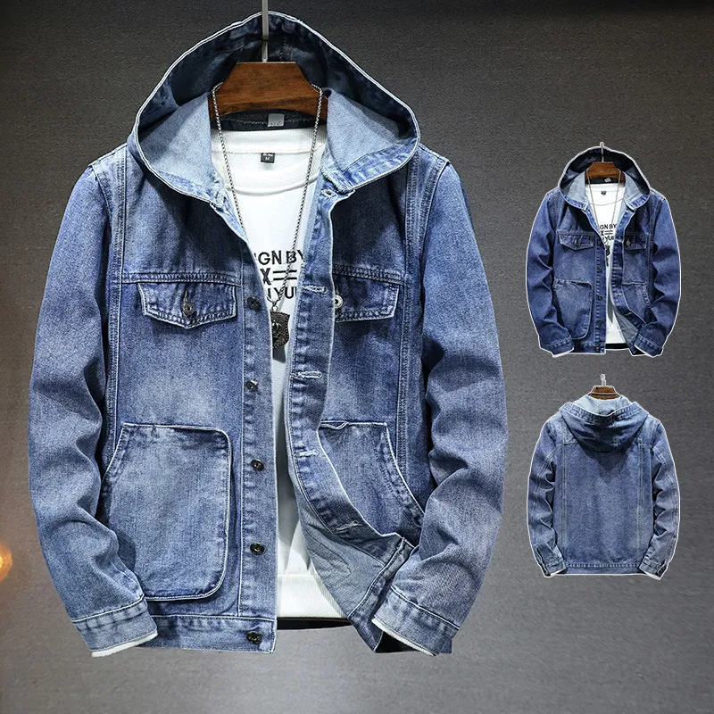 Windproof Hooded Denim Jacket For Men Fashionable And Comfortable