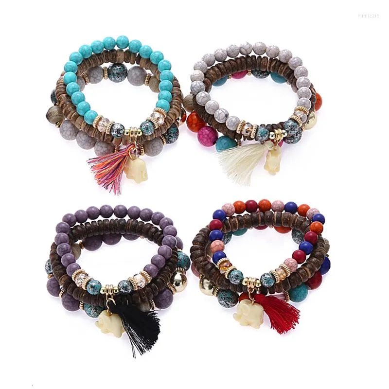 Lien Bracelets Vintage Boho Style Perles Femmes Petit Éléphant Gland Charme Bijoux Bracelet Multicouche Cristal Perle