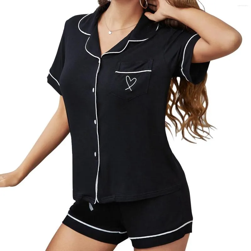 Kvinnors sömnkläder Kort ärm Rayon Cotton Pyjamas Set for Women Black Print Summer Night Wear Button Closure Loungewear