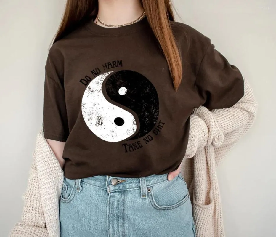 Koszulki damskie T-shirt No Harm Yin Yang Graphic Shirs Hippie Tee Tee Women Trendy Casual Cottton 90s Estetyczne topy