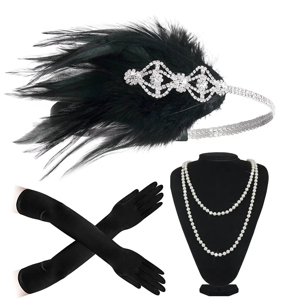 Hochzeit Haarschmuck 20er Jahre Great Gatsby Party Kostüm Flapper Stirnband Perlenkette Handschuh 1920er Kopfbedeckung Zubehör Set für Damen 230508