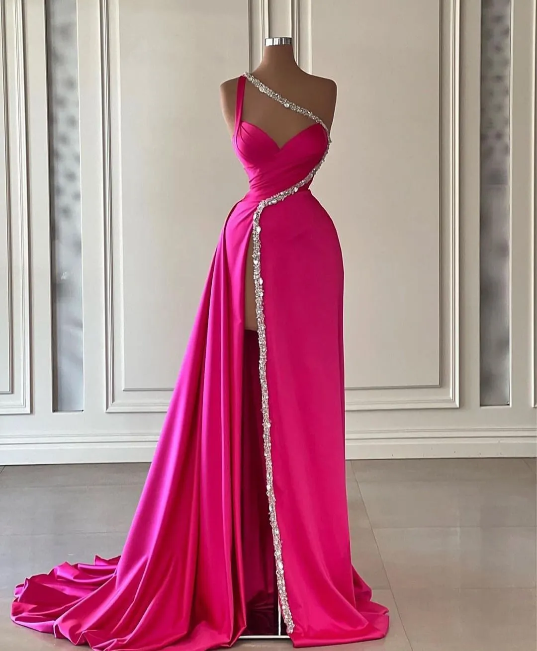 Elegant Satin Barbie Pink Prom Dress Long Pleated Slit Beads Special Occasion From Classicalforever 156.25 DHgate.Com