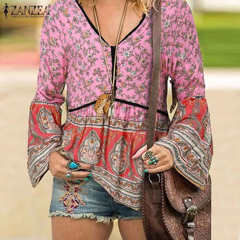 Dames blouses shirts geprinte zanzea dames v nek lange mouw vrouwelijke tuniek tops bohemian bloemen femininas losse knopen chemise 230509