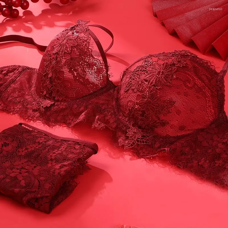 Bras Sets Red Floral Lace Bra And Panty For Women Sexy Lingerie