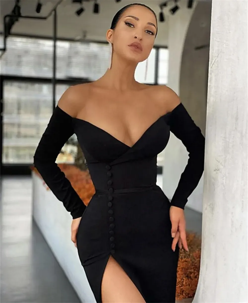 Formal Prom Slit Party Dress Straight Off Shoulder Satin Dress