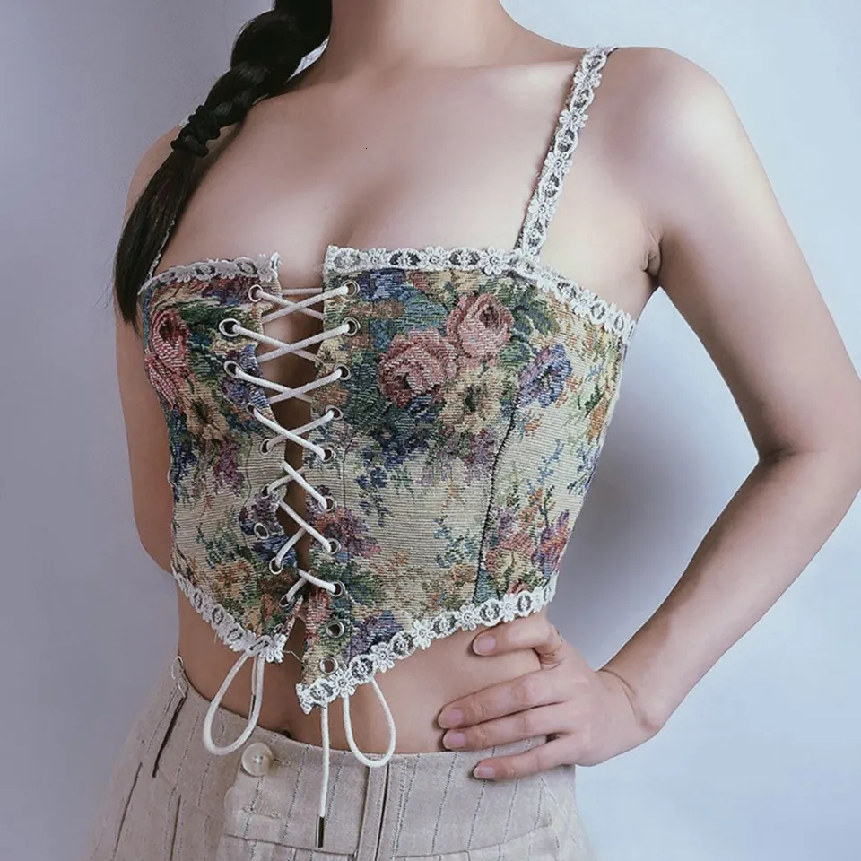 French Vintage Floral Floral Corset Top Tank For Women Lace Up Bustier Crop  Top With Flower Design 230509 From Qiyue01, $10.58