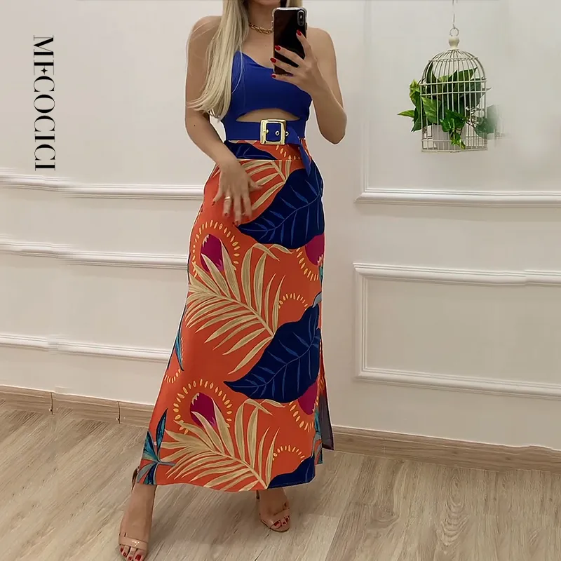 Abito a due pezzi MECOCICI Set da due pezzi da donna Fashion Sexy Sling Hollow senza maniche Back Top con stampa casual Maxi Dress Sets High Streetwear 230509