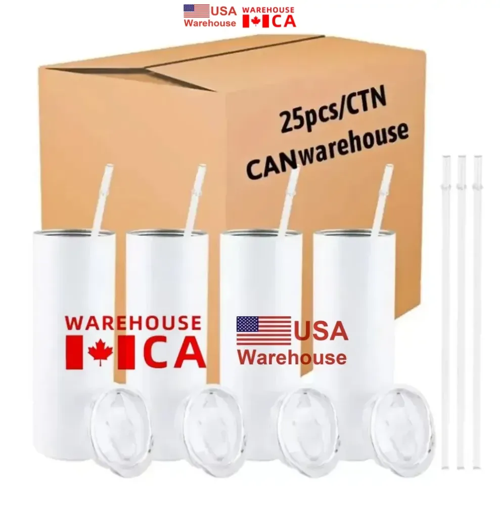 CA USA Warehouse sublimação Tumbllers canecas em branco 20 onças em branco reto em branco Pressione Copo de caneca com lata de palha com tampa de bambu G0509