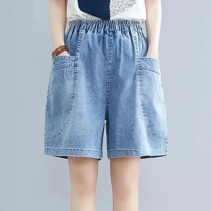 Women's Shorts Women's Denim Shorts Blue Elastic Waist Mid Rise Loose Beach Shorts with 2 Front Pockets Female Jeans Short Pants 230509