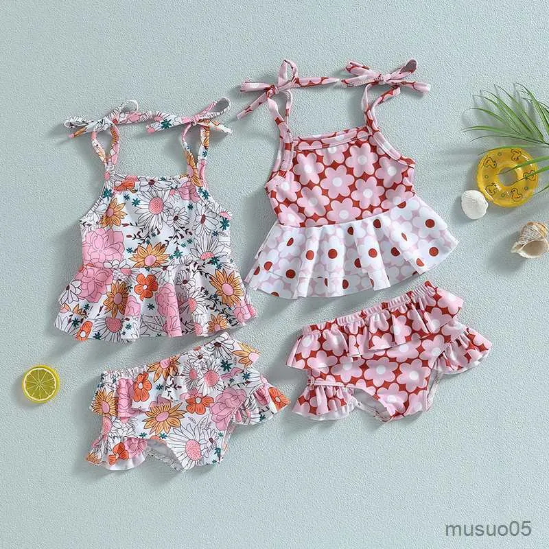 Deux pièces nouveau-né bébé filles maillots de bain été imprimé fleuri sans manches camisole et short à volants ensembles bébés maillots de bain maillot de bain