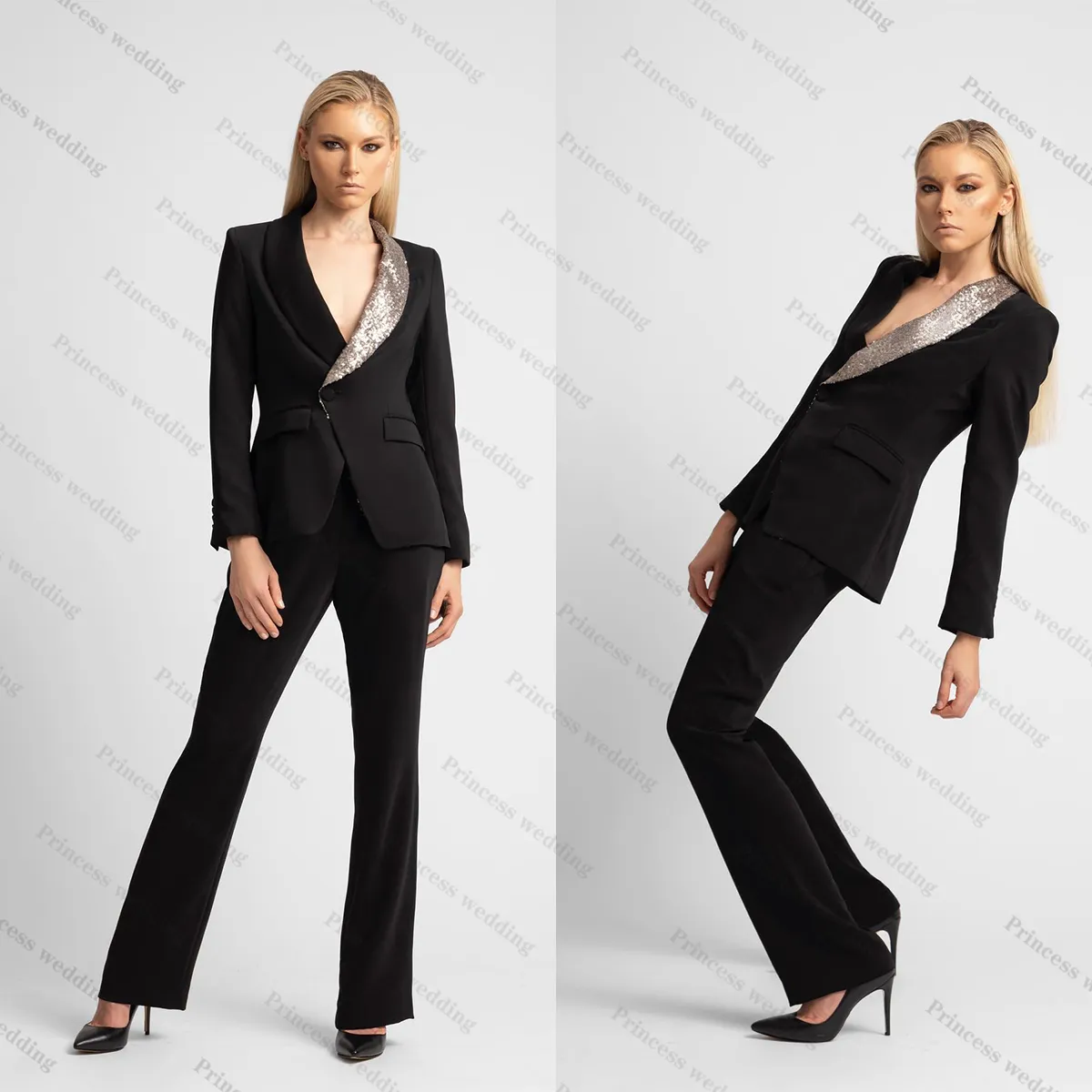 Coole schwarze Frauen Hosenanzüge Set 2 Stück Pailletten Revers Mädchen Blazer nach Maß plus Größe Bürodame Party Prom Wear