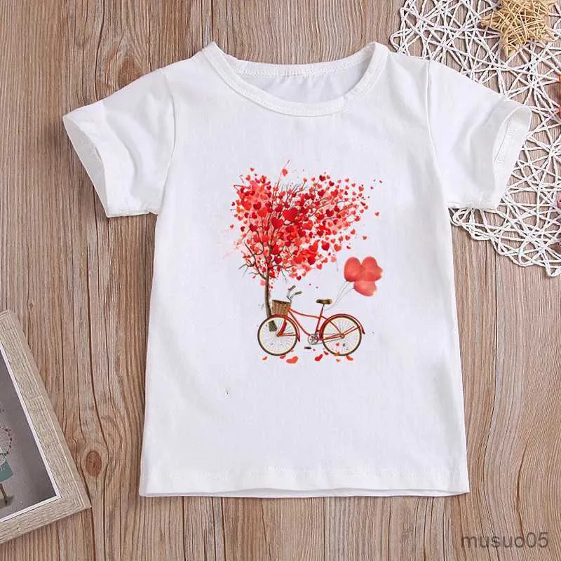 셔츠 사랑스러운 빨간 자전거 웃긴 여자 옷 스트리트웨어 셔츠 둥근 목 아기 소녀 상단 만화 캐주얼 아이 티셔츠