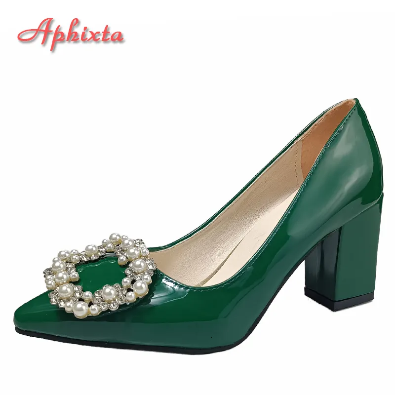 Dress Shoes Aphixta Dark Green Pearl Buckle Patent Leather Women's Pumps 7cm Square Heel Officile Pointed Toe Shoes Super Big Size 49 50 230508