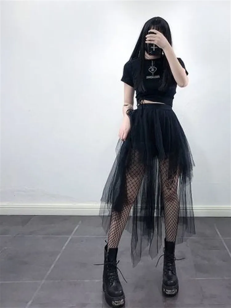 Saias góticas pretas malha longa mini -saia feminina multicamada